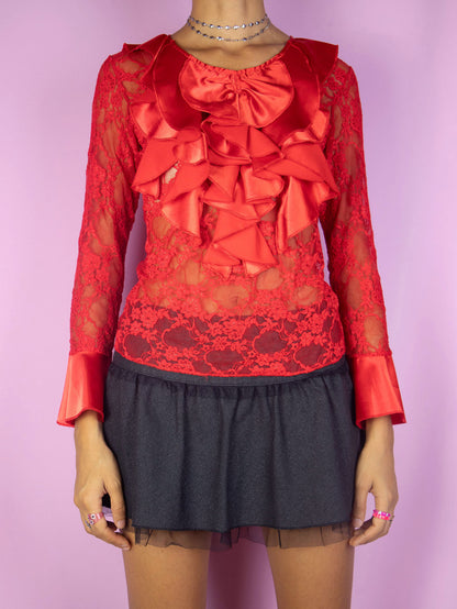 Vintage Y2K Red Ruffle Lace Top - S