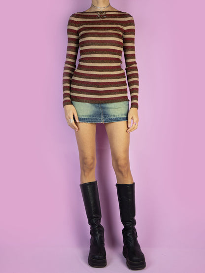 The Y2K Striped Ribbed Knit Sweater is a brown maroon and beige striped ribbed knit jumper. Cyber preppy 2000s elegant party pullover.