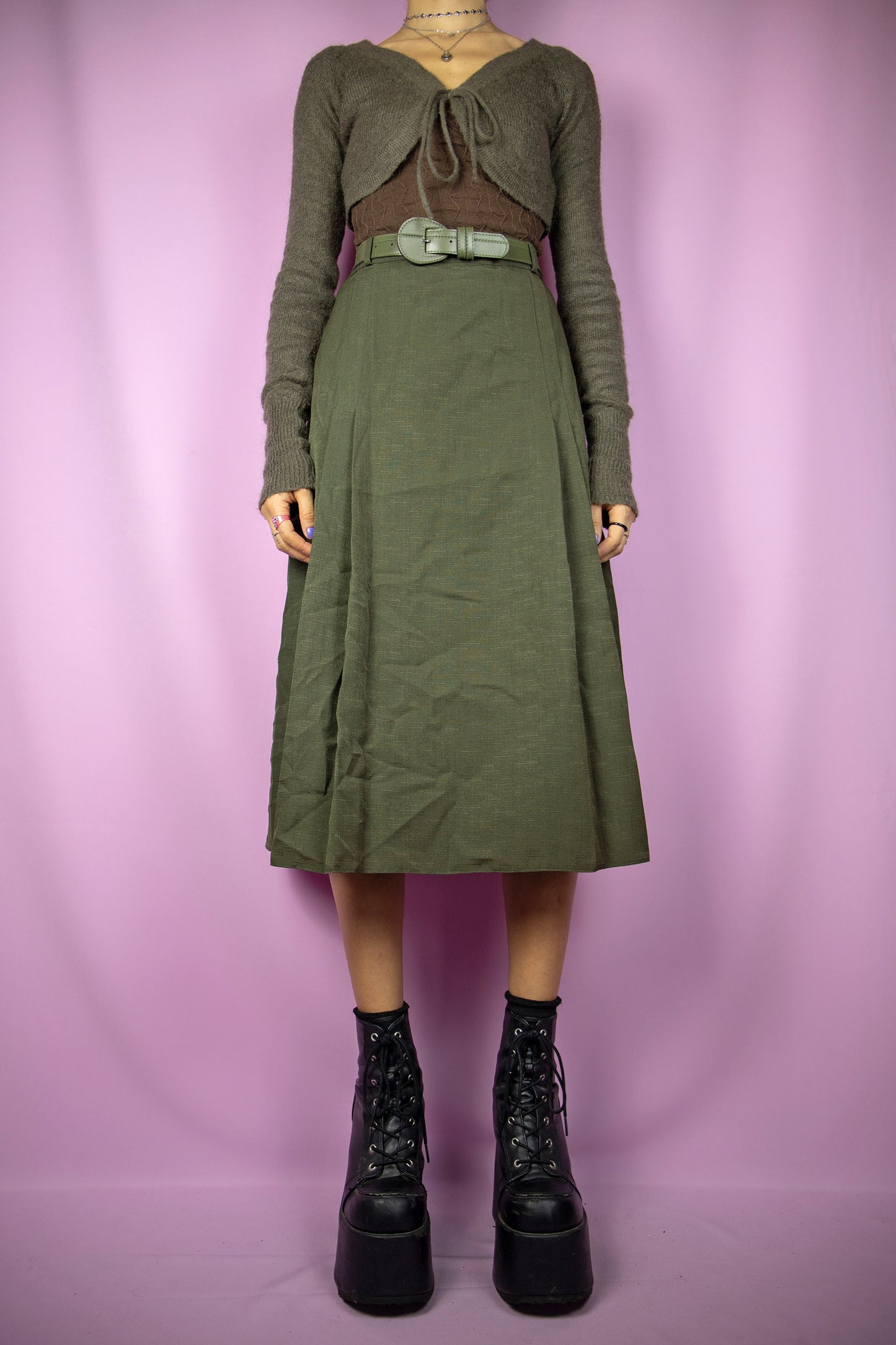Vintage 90's Green Pleated Midi Skirt
