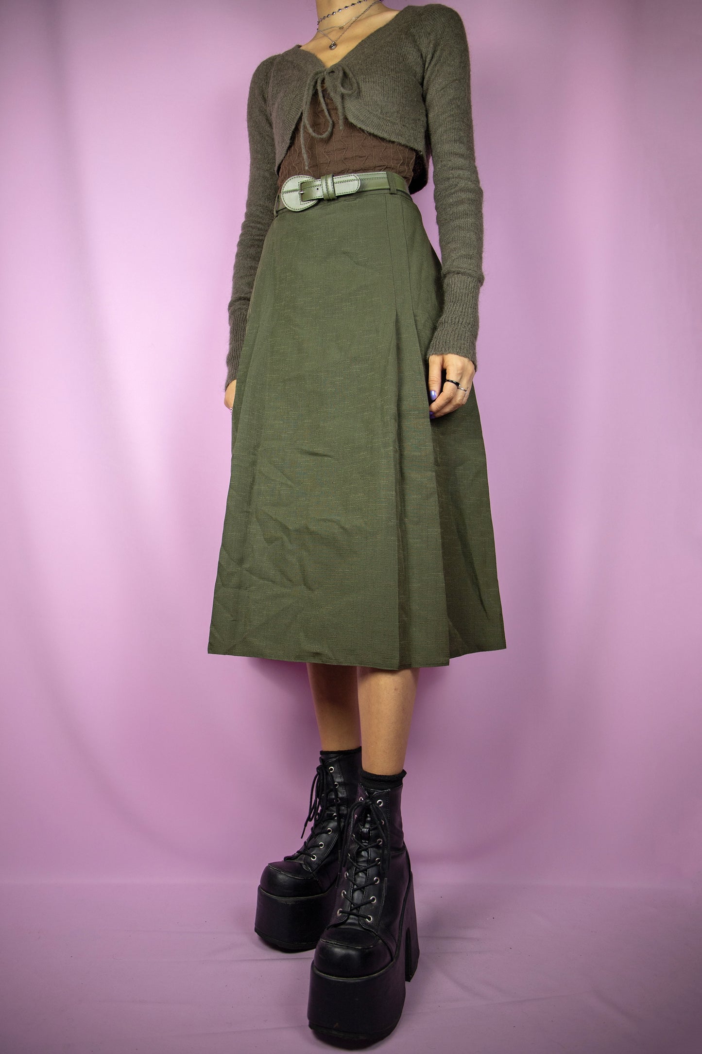 Vintage 90's Green Pleated Midi Skirt - XL