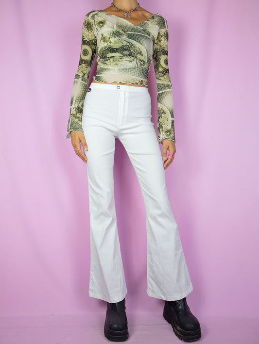 The Y2K White Flare Pants are vintage slightly elastic high-waisted flared white pants with a front zipper closure. Super cute cyber grunge bell bottoms from the 2000s.