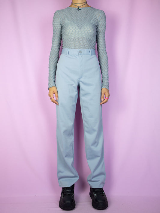 The Y2K Gray Pleated Straight Pants are vintage high-waisted straight-leg trousers in a blue-gray hue, featuring pleats and a front zipper closure. These pants offer a casual and classic retro office style from the 2000s.