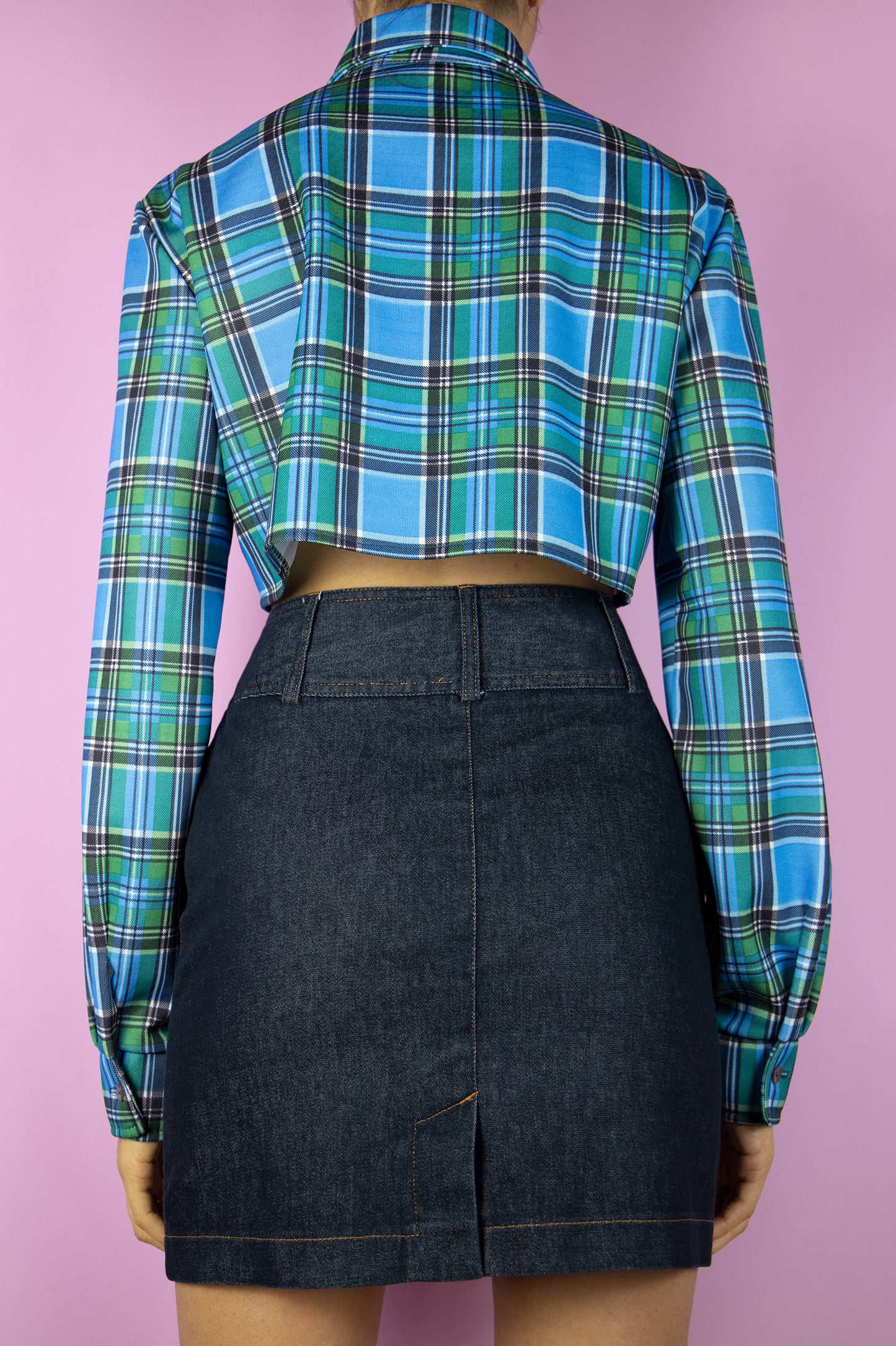 Vintage 90's Blue Plaid Cropped Shirt - XS/S