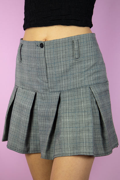 Y2K Gray Plaid Pleated Mini Skirt - M