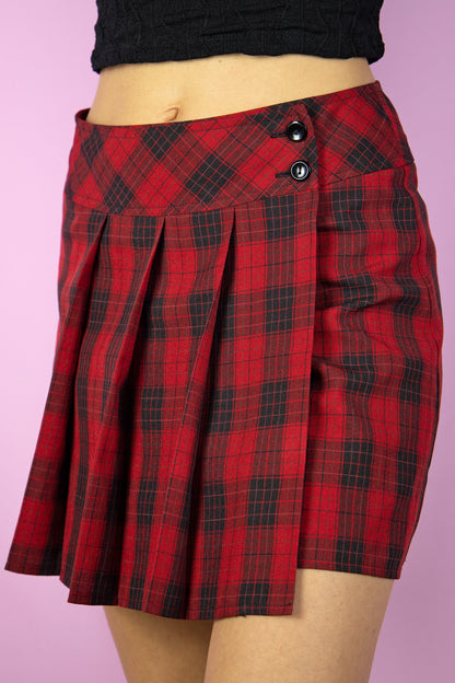 Y2K Red Plaid Pleated Mini Skirt - XS