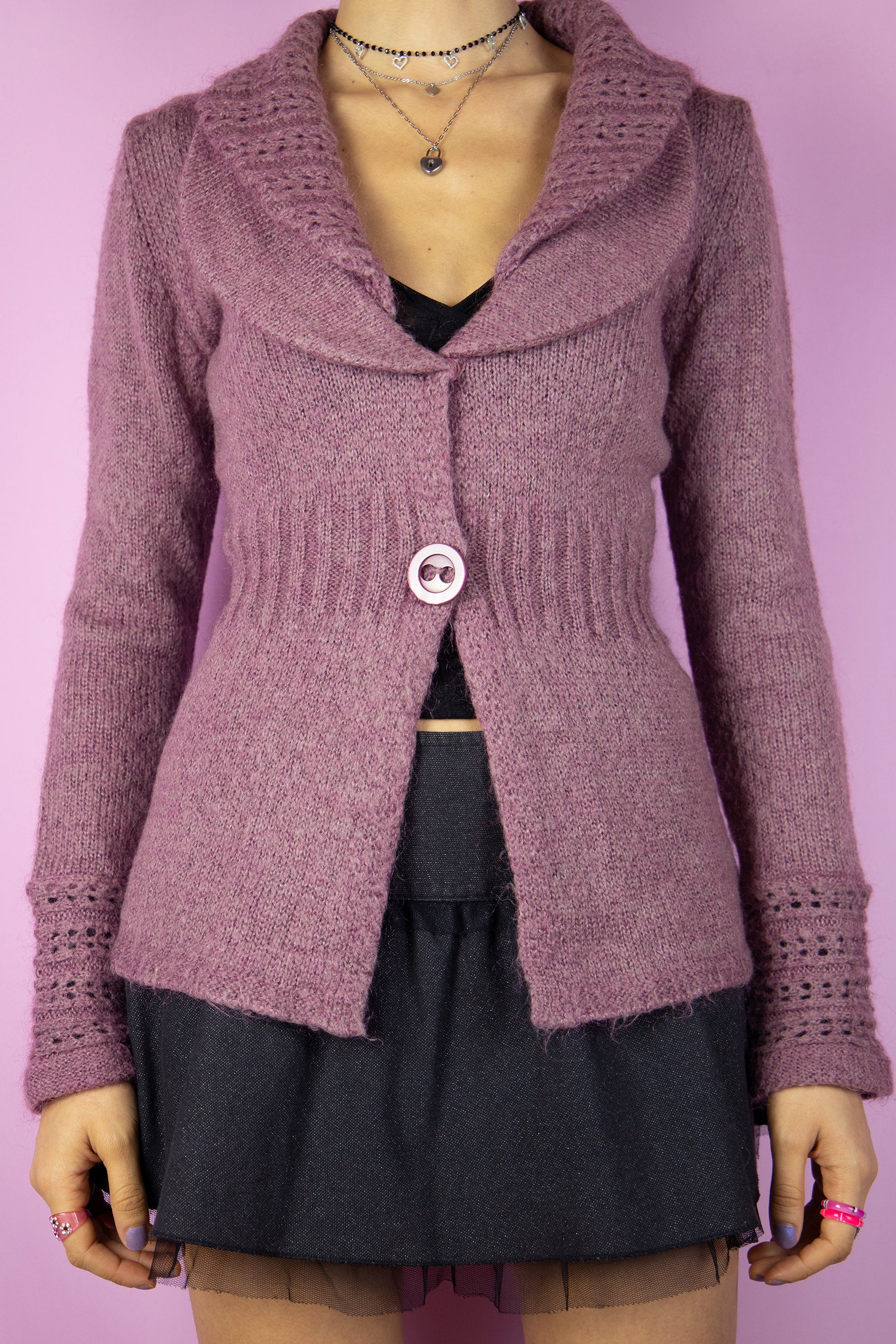 The Y2K Fairy Pink Knit Cardigan is a vintage mauve pink cardigan with a double collar and two-button closure. Boho romantic 2000s sweater.