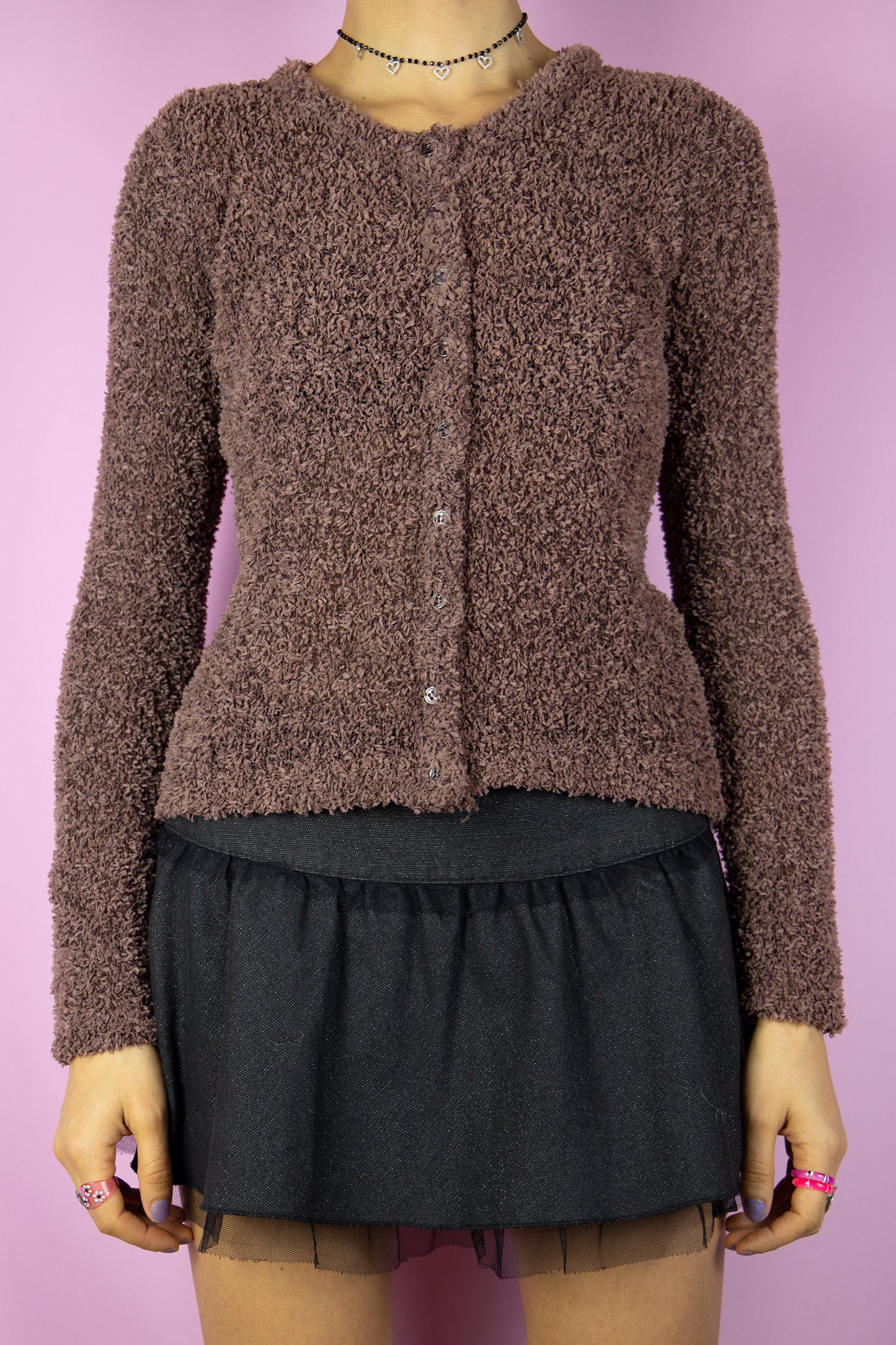 The Vintage 90s Brown Fairy Grunge Cardigan is a fuzzy knit cardigan with buttons. Boho 1990s sweater.