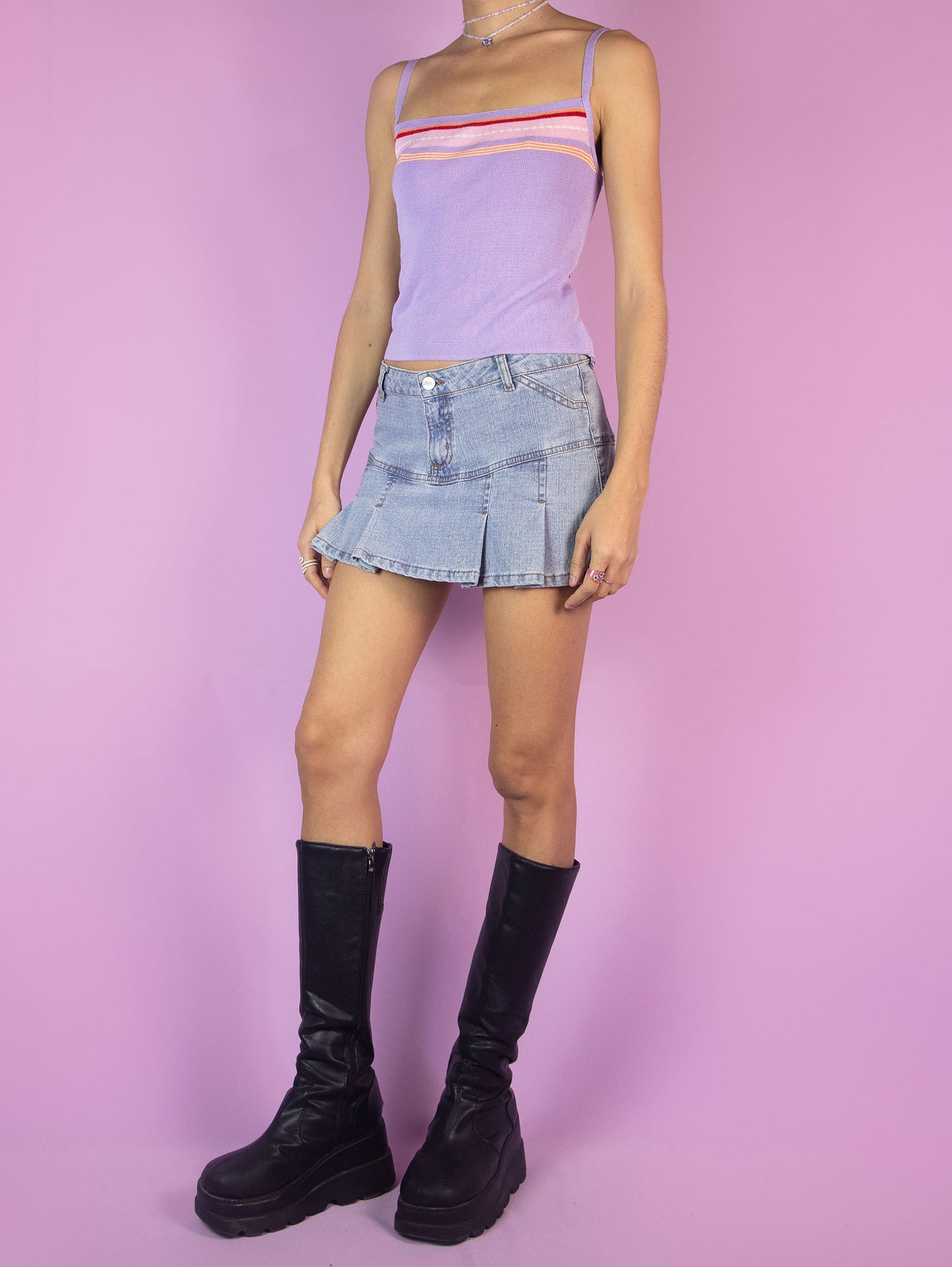 The Y2K Lilac Knit Crop Top is a vintage pastel purple striped cami top. Cyber fairy grunge 2000s tank top.
