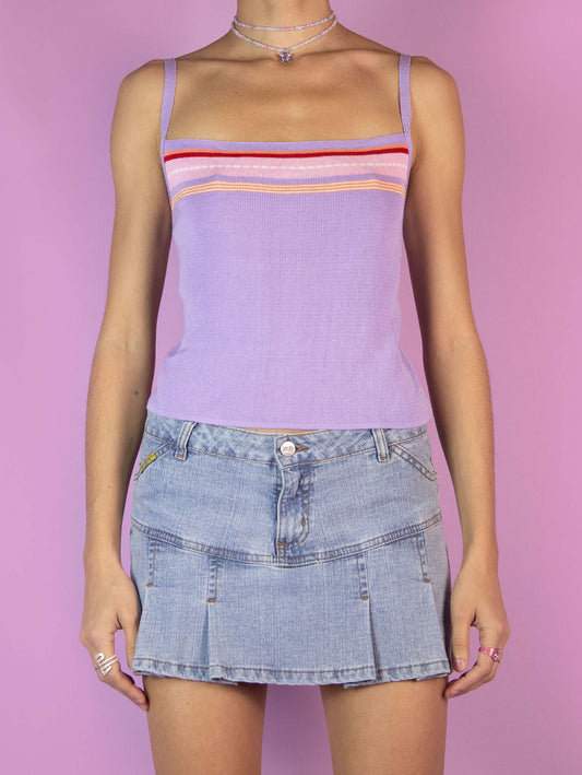The Y2K Lilac Knit Crop Top is a vintage pastel purple striped cami top. Cyber fairy grunge 2000s tank top.