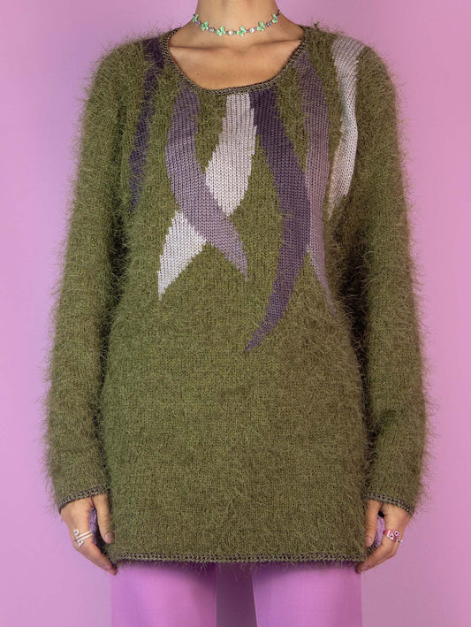 The Vintage 90s Green Hairy Knit Sweater is a khaki pullover with abstract purple details. Boho retro 1990s knitted jumper.