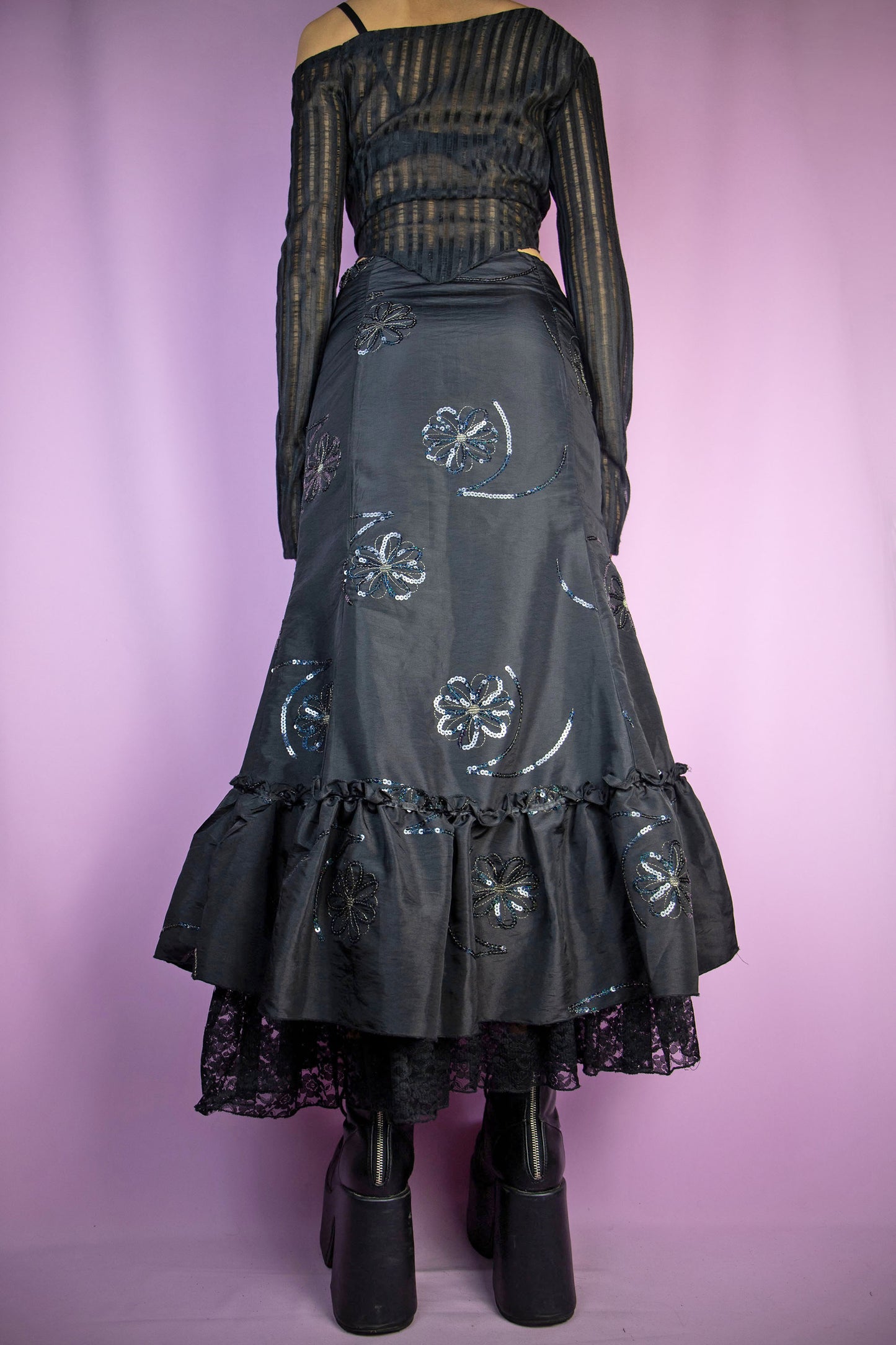 Vintage 90's Black Ruffle Midi Skirt - XS