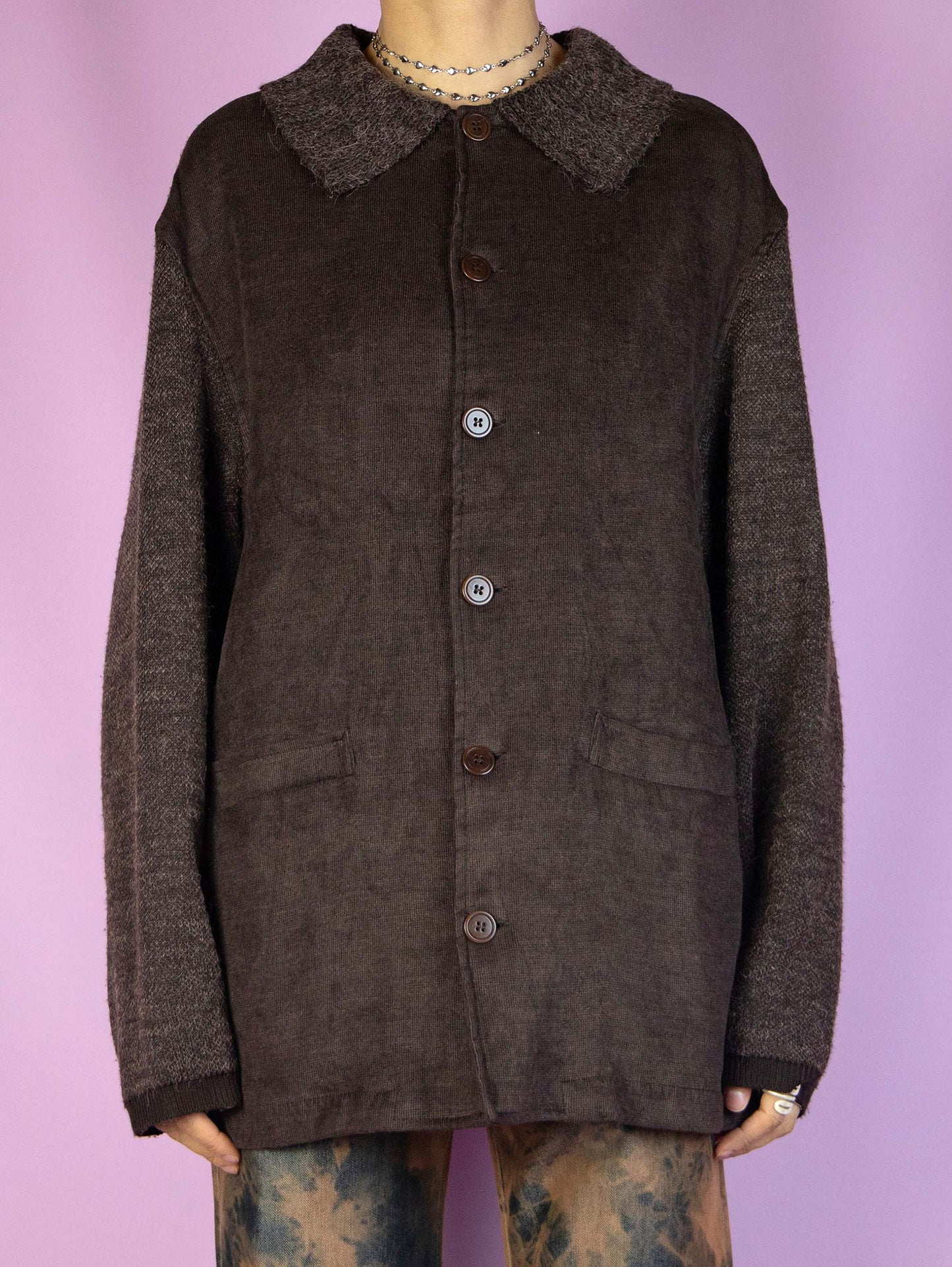 The Vintage 90s Dark Brown Knit Overshirt is a brown knitted collared overshirt with button closure and pockets. Classic retro preppy style 1990s dark academia jacket.
