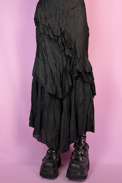Vintage 90's Black Ruffle Maxi Dress - S