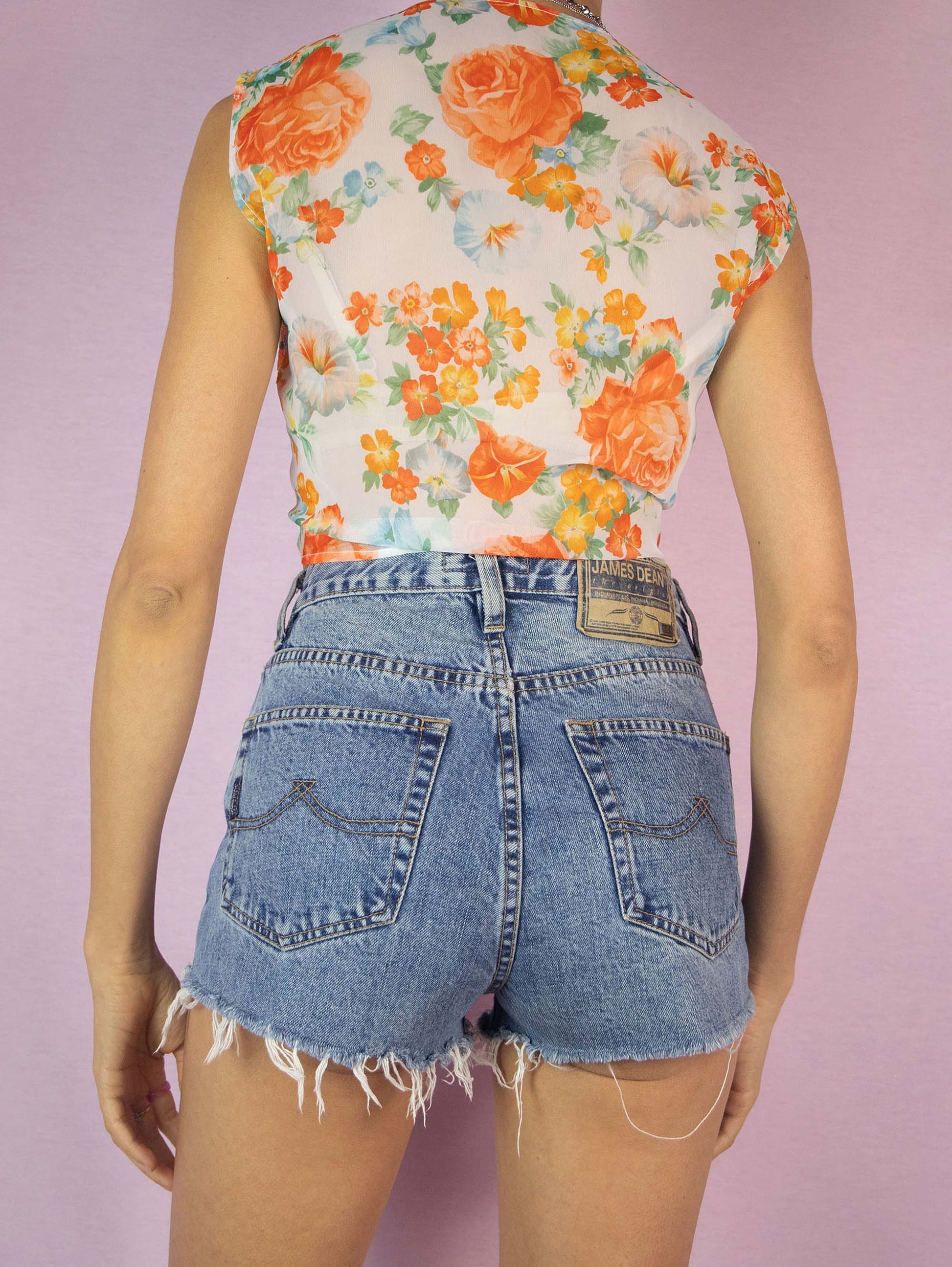 Vintage 90s Sheer Tie Front Crop Top is a romantic summer beach sleeveless blouse, semi-transparent with a multicolored floral print.
