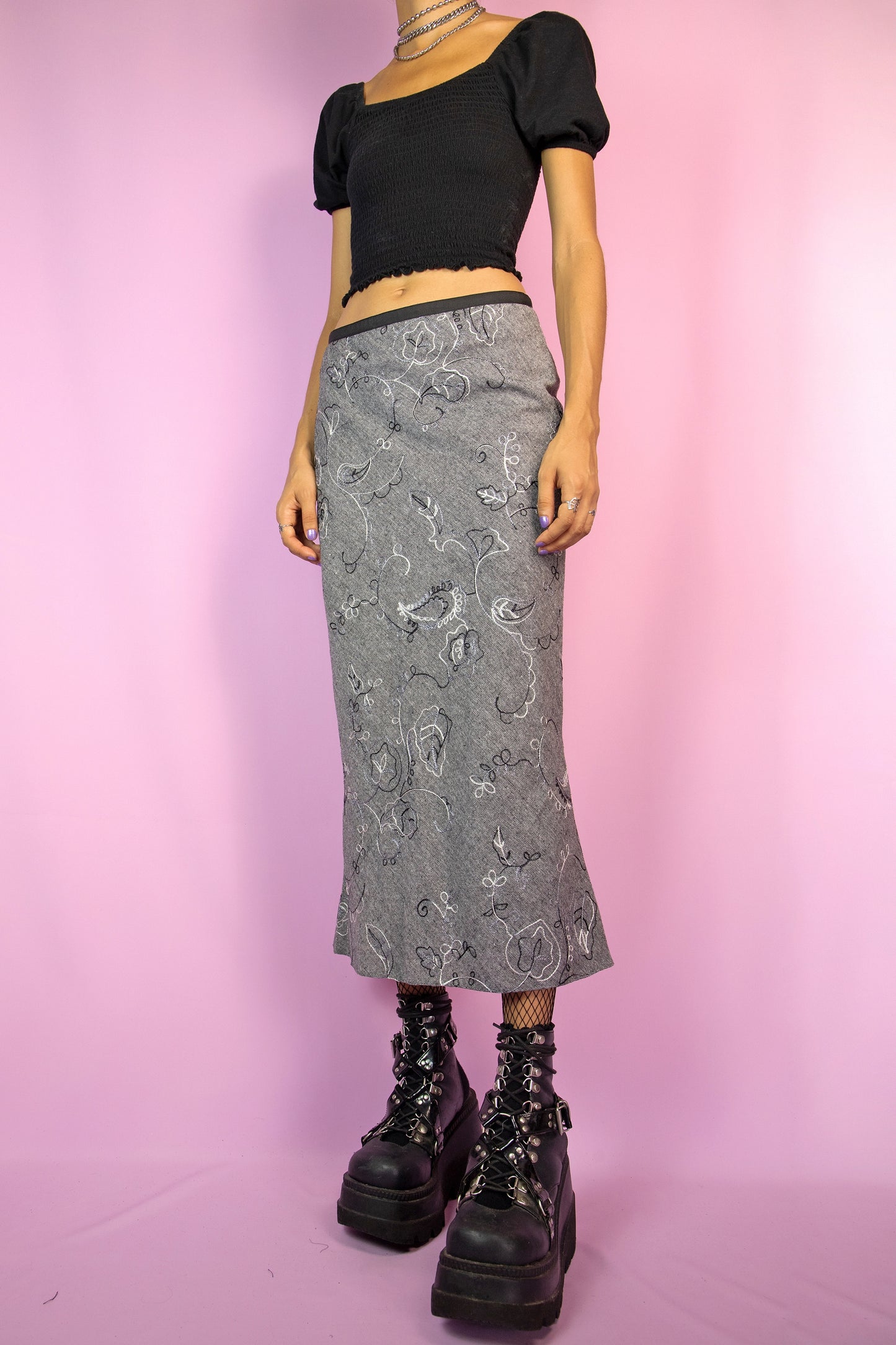 Vintage 90's Gray Knit Midi Skirt - S