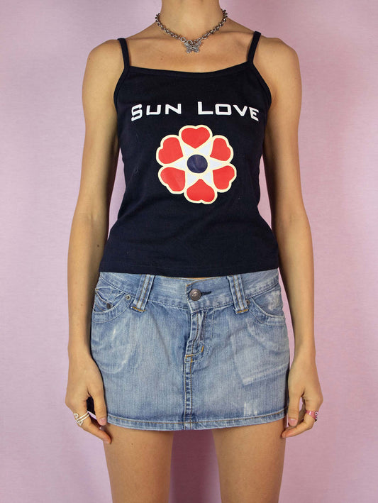 The Y2K Summer Graphic Tank Top is a vintage 2000s dark navy almost black boho beach top. Made in Italy.