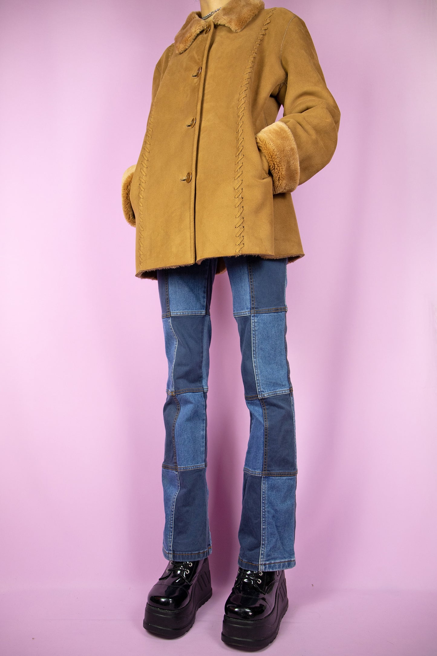 Vintage 90's Brown Faux Suede Fur Jacket - L