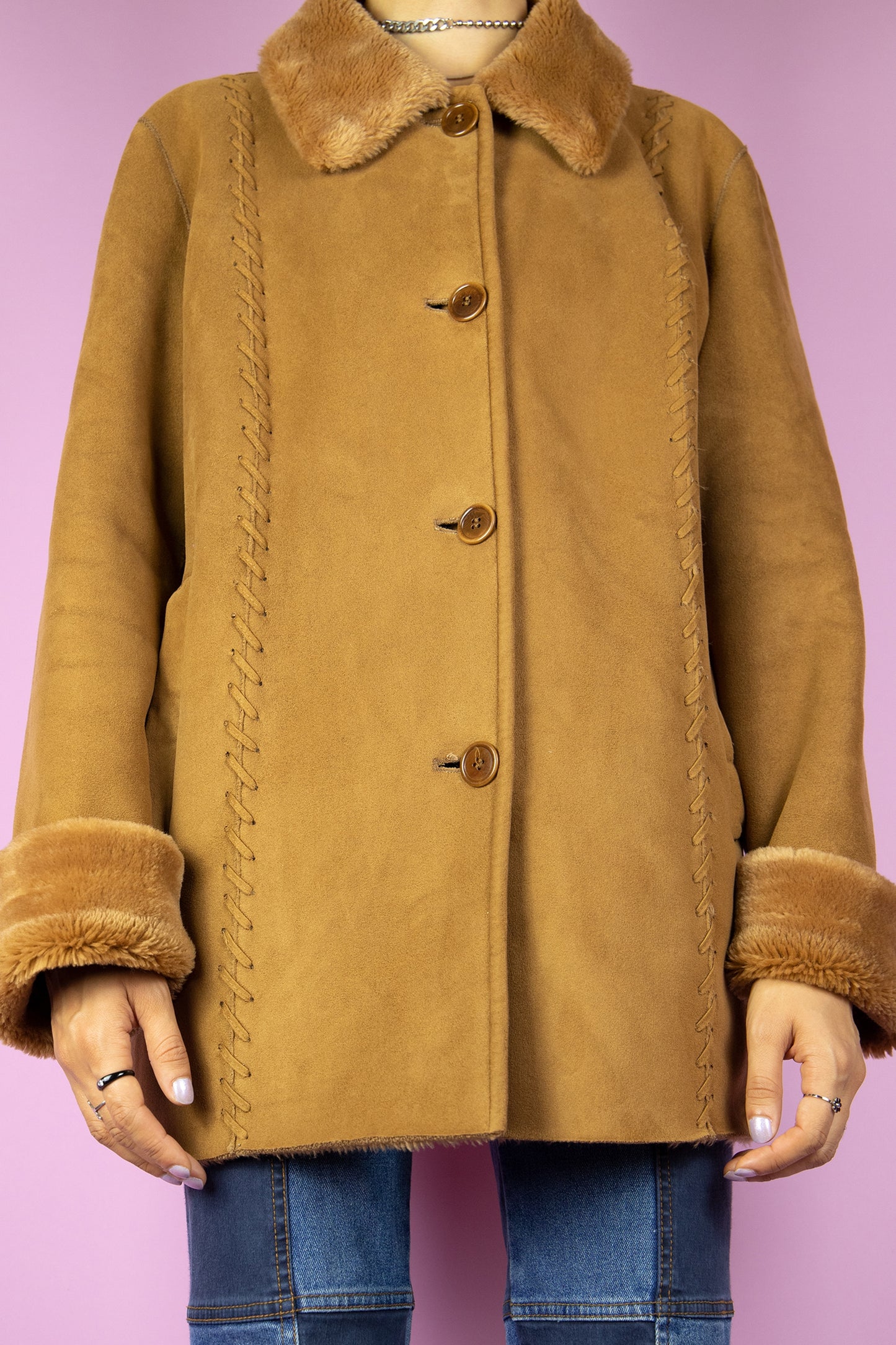 Vintage 90's Brown Faux Suede Fur Jacket - L