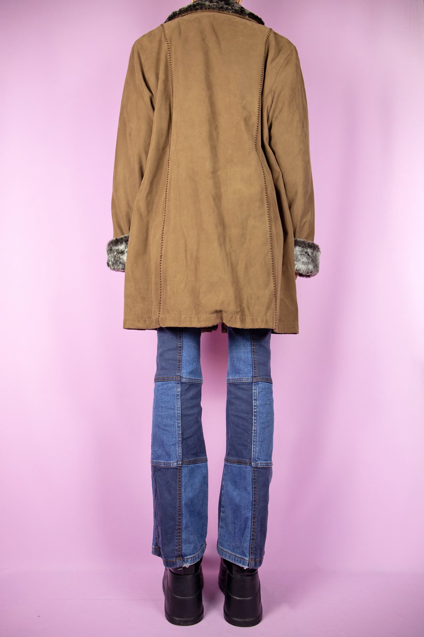 Vintage 90's Brown Faux Suede Fur Coat - XL