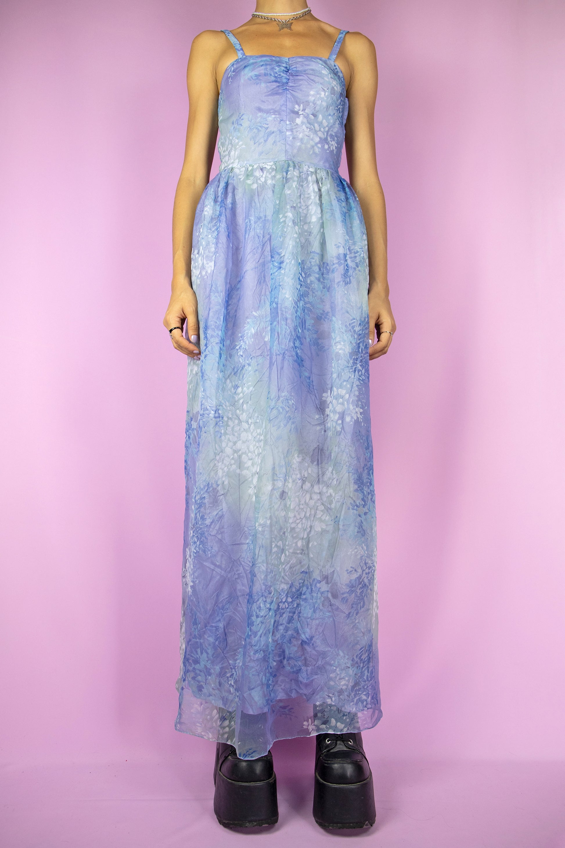 The Vintage 90s Party Floral Maxi Dress is a blue and lilac semi-sheer midi dress with ruched front, and a side zipper closure. Romantic 1990s evening cocktail party elegant summer maxi dress.