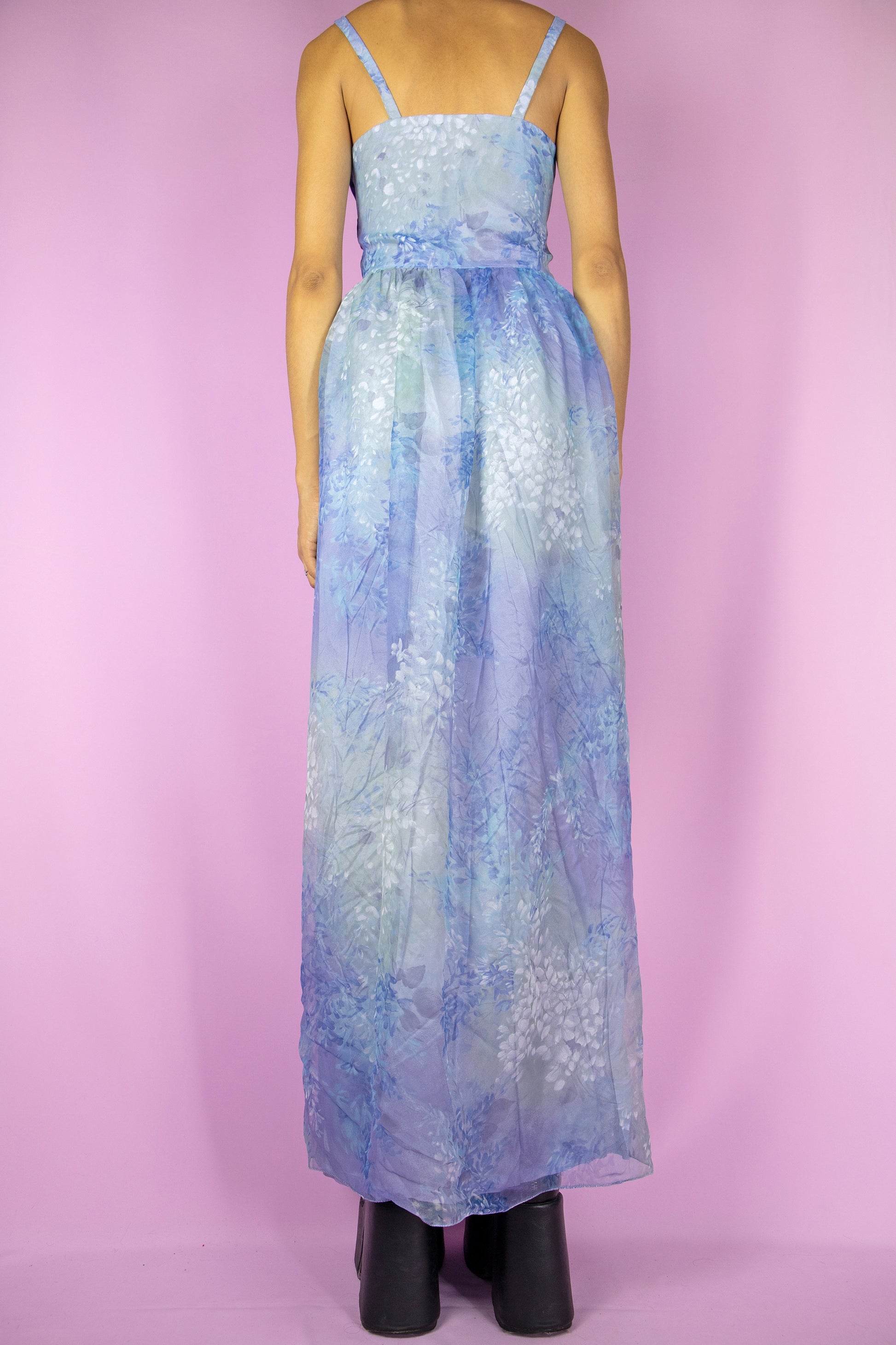 The Vintage 90s Party Floral Maxi Dress is a blue and lilac semi-sheer midi dress with ruched front, and a side zipper closure. Romantic 1990s evening cocktail party elegant summer maxi dress.