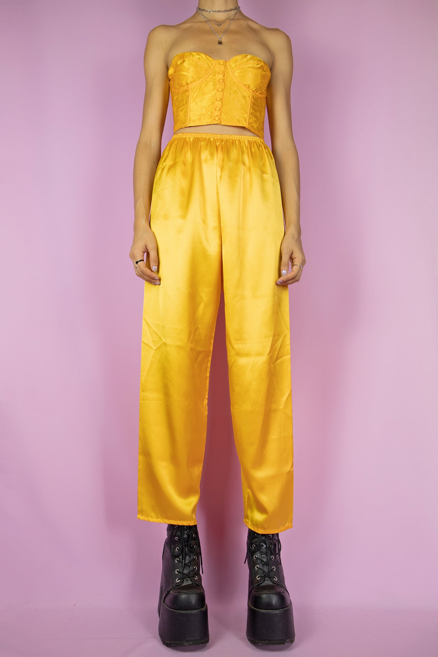 Vintage 80's Yellow Satin Bustier Pants Set