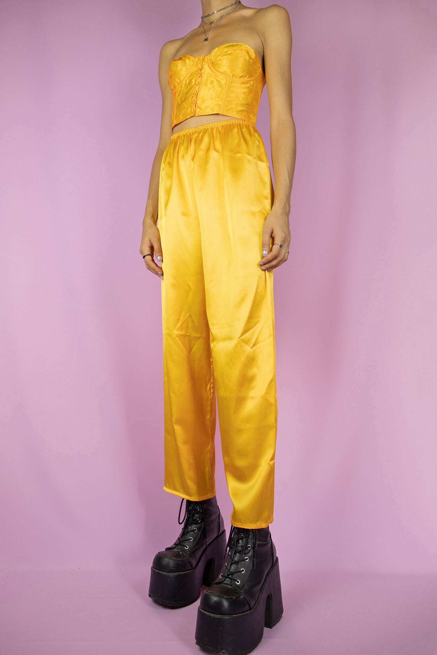 Vintage 80's Yellow Satin Bustier Pants Set - M