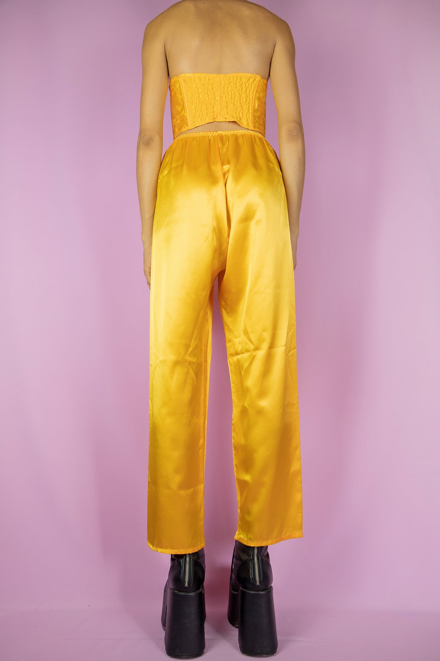 Vintage 80's Yellow Satin Bustier Pants Set - M