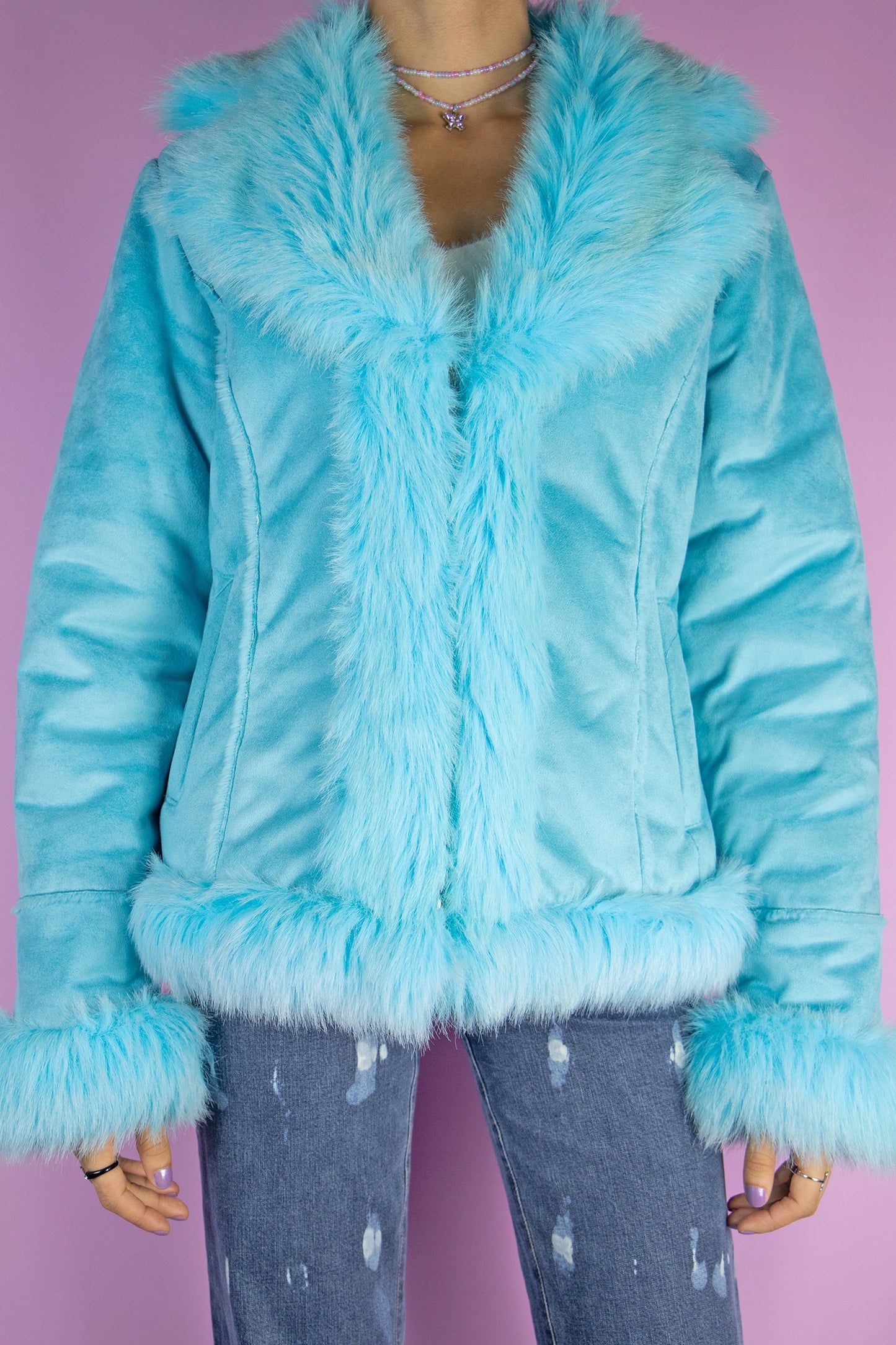 Vintage Y2K Blue Faux Fur Jacket - M