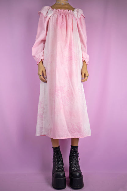 Vintage 80s Pink Long Sleeve Nightgown Dress - M