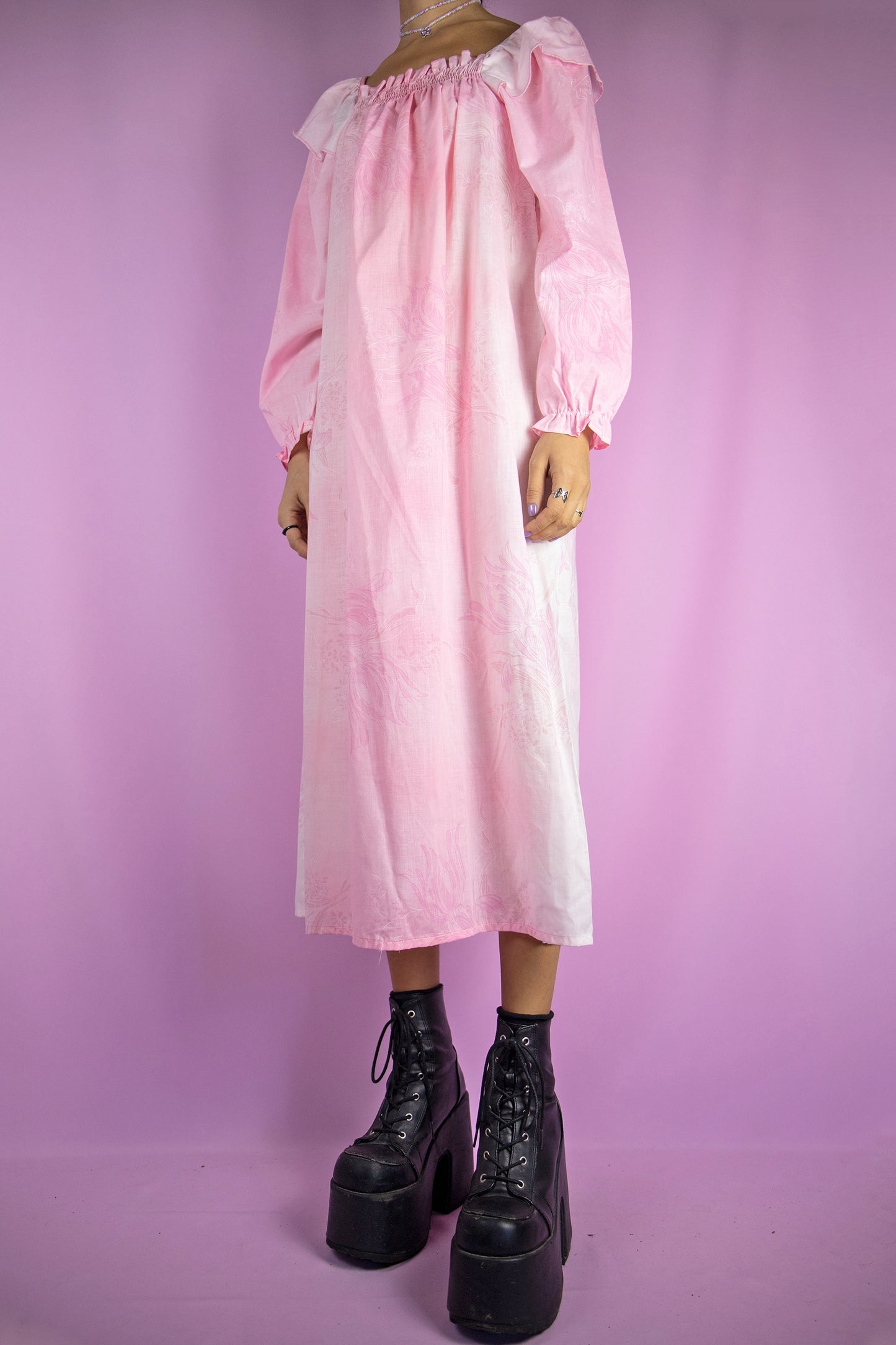 Vintage 80's Pink Long Sleeve Midi Dress - M