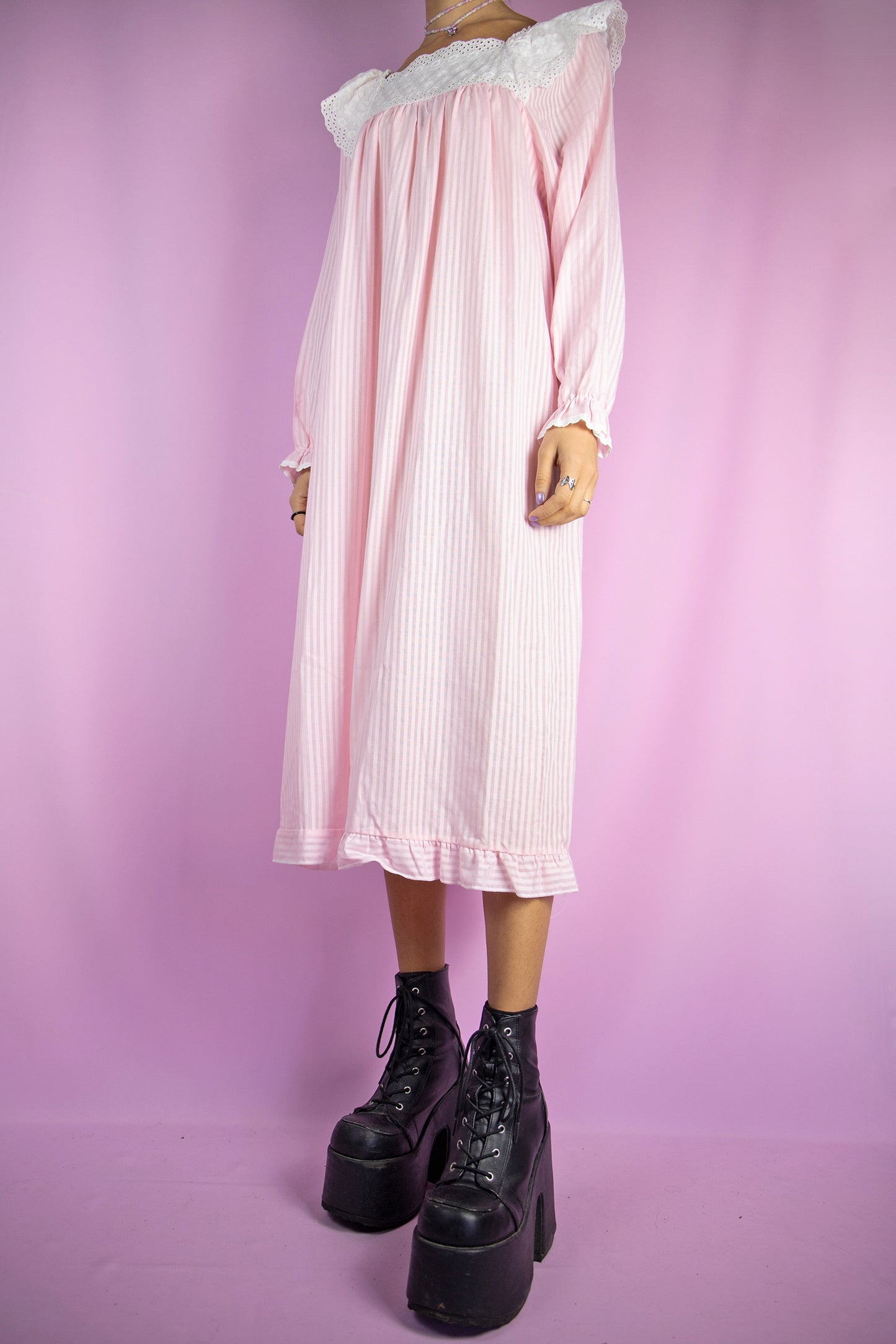 Vintage 80s Pink Striped Nightgown Dress - M/L