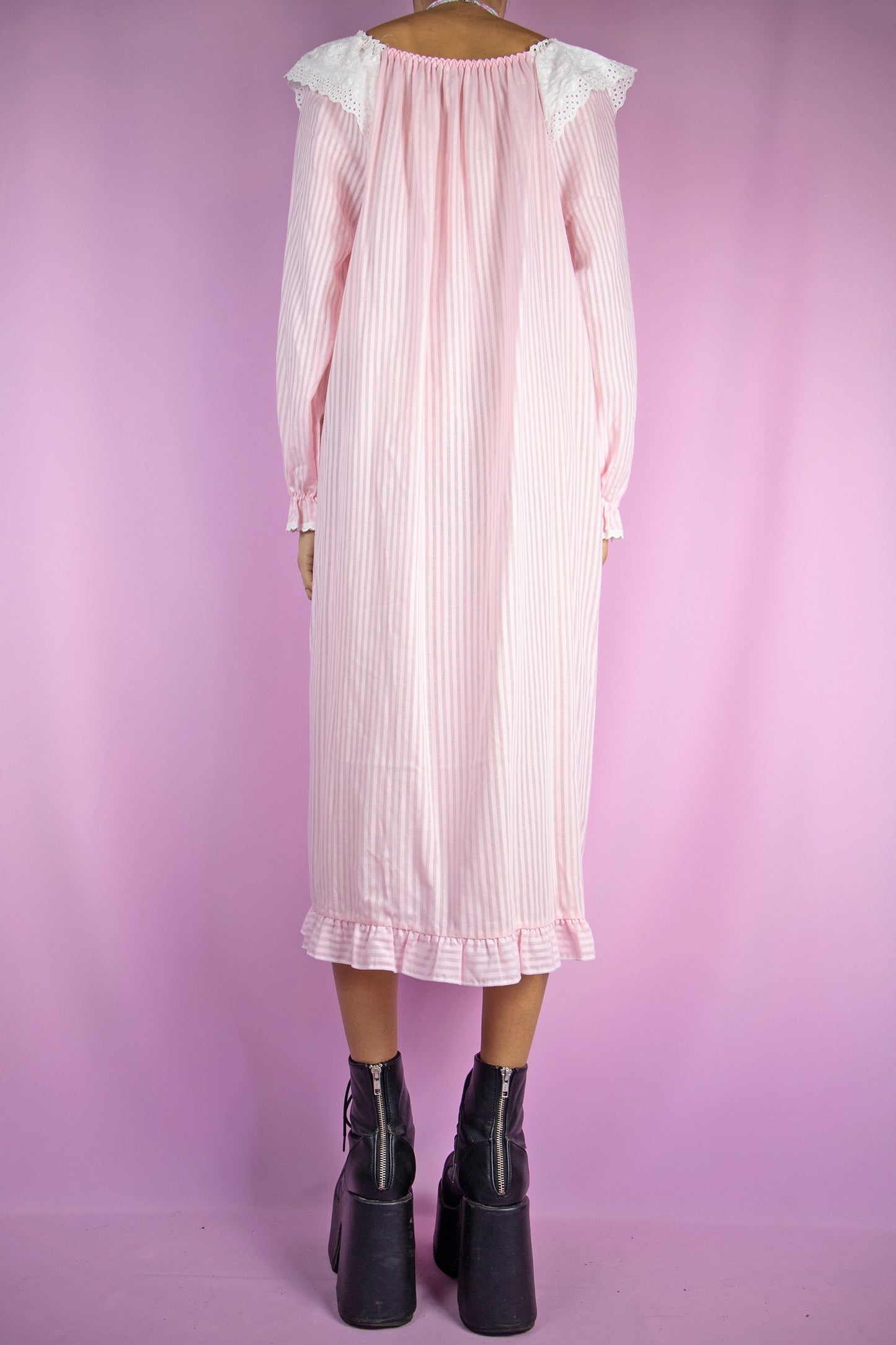 Vintage 80s Pink Striped Nightgown Dress - M/L