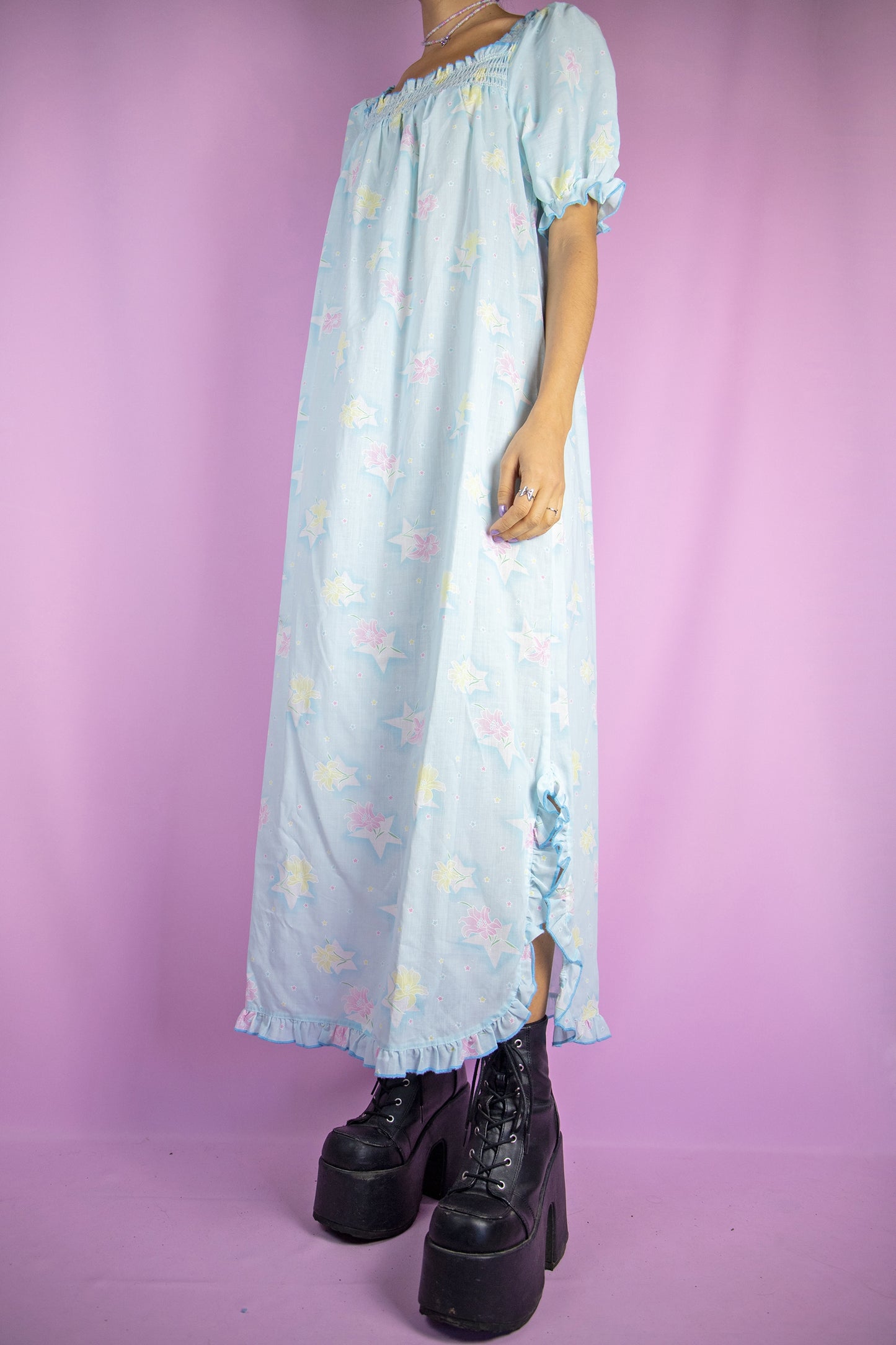 Vintage 80s Blue Floral Nightgown Dress - L/XL
