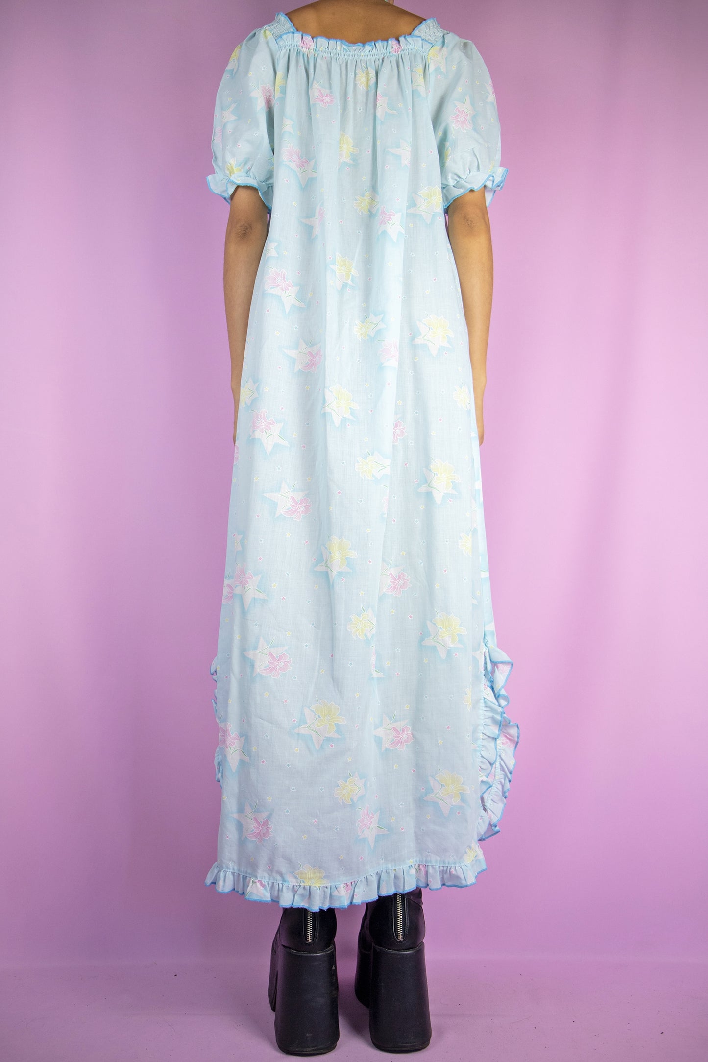 Vintage 80s Blue Floral Nightgown Dress - L/XL