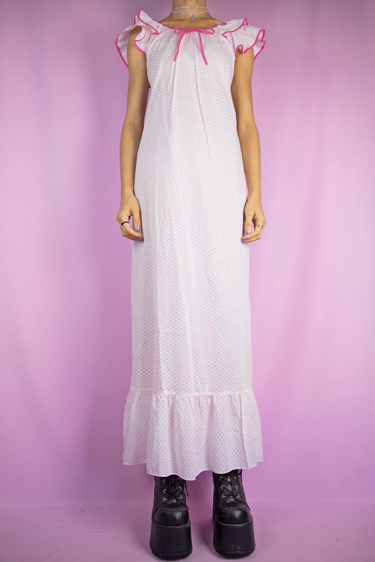 The Vintage 80s White Nightgown Dress is a semi-sheer sleeveless white and pink midi dress with ruffle hem. Lovely romantic boho sleepwear 1980s lingerie night dress.