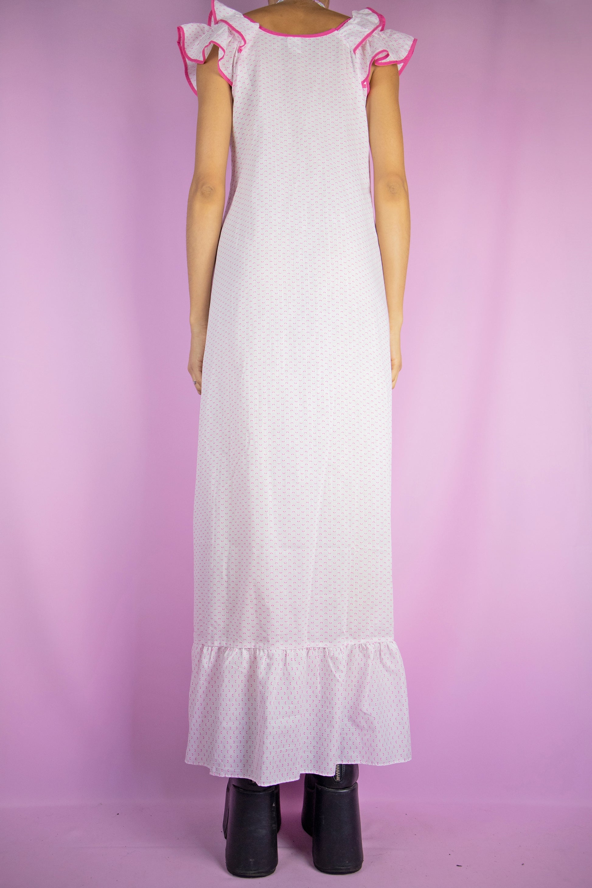 The Vintage 80s White Nightgown Midi Dress is a maxi dress lounge sleepwear with pink print and ruffles on the straps and hem.