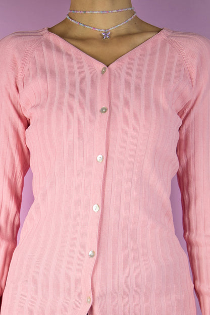 Vintage Y2K Pink Ribbed Cardigan - XS/S/M