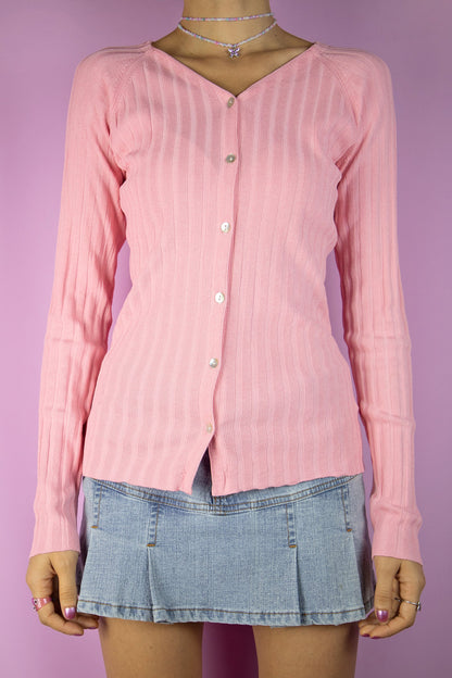 Vintage Y2K Pink Ribbed Cardigan