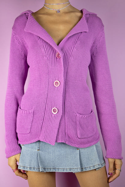 The Vintage Y2K Pink Lilac Knit Cardigan is a lovely cyber boho sweater from the 2000s, featuring a pastel purple lilac pink chunky knit, collar, buttons, and pockets.