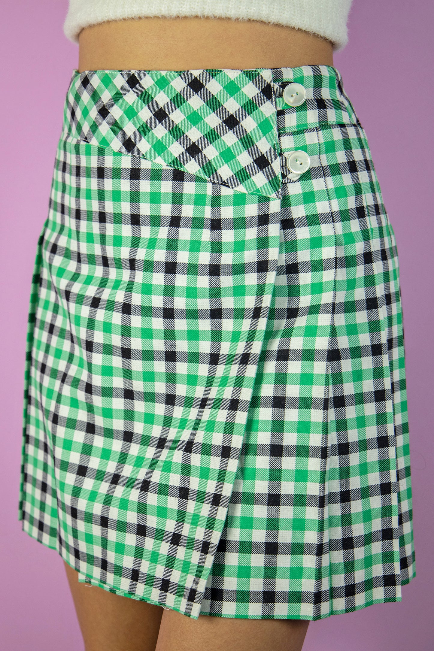 Vintage 80's Green Check Pleated Mini Skirt - XS/S