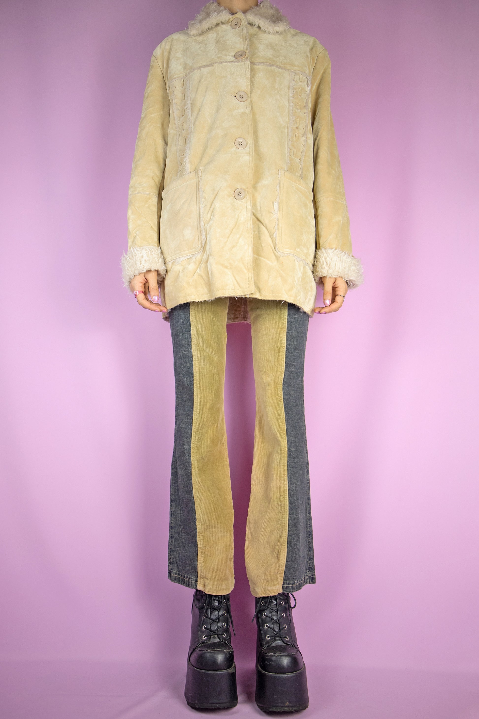 The Y2K Beige Faux Fur Jacket is a vintage beige faux suede jacket with faux fur lining, collar and cuffs, button closure and pockets. Super cute boho grunge cyber 2000s winter statement coat.
