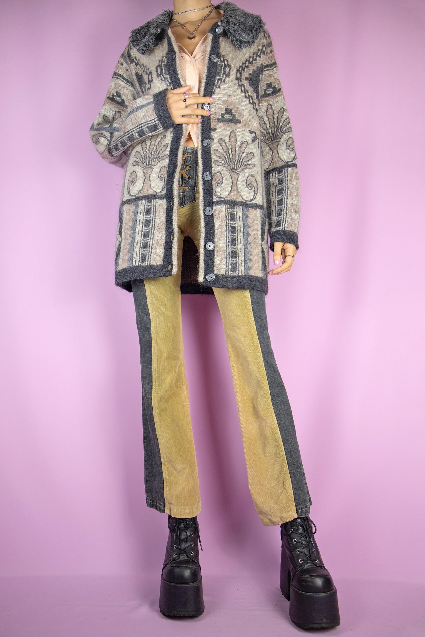 The Vintage 90s Faux Fur Cardigan is a gray and beige abstract pattern long cardigan made from a mohair blend with buttons and a faux fur collar. Looks cute when worn oversized. Lovely boho retro 1990s oversized sweater.