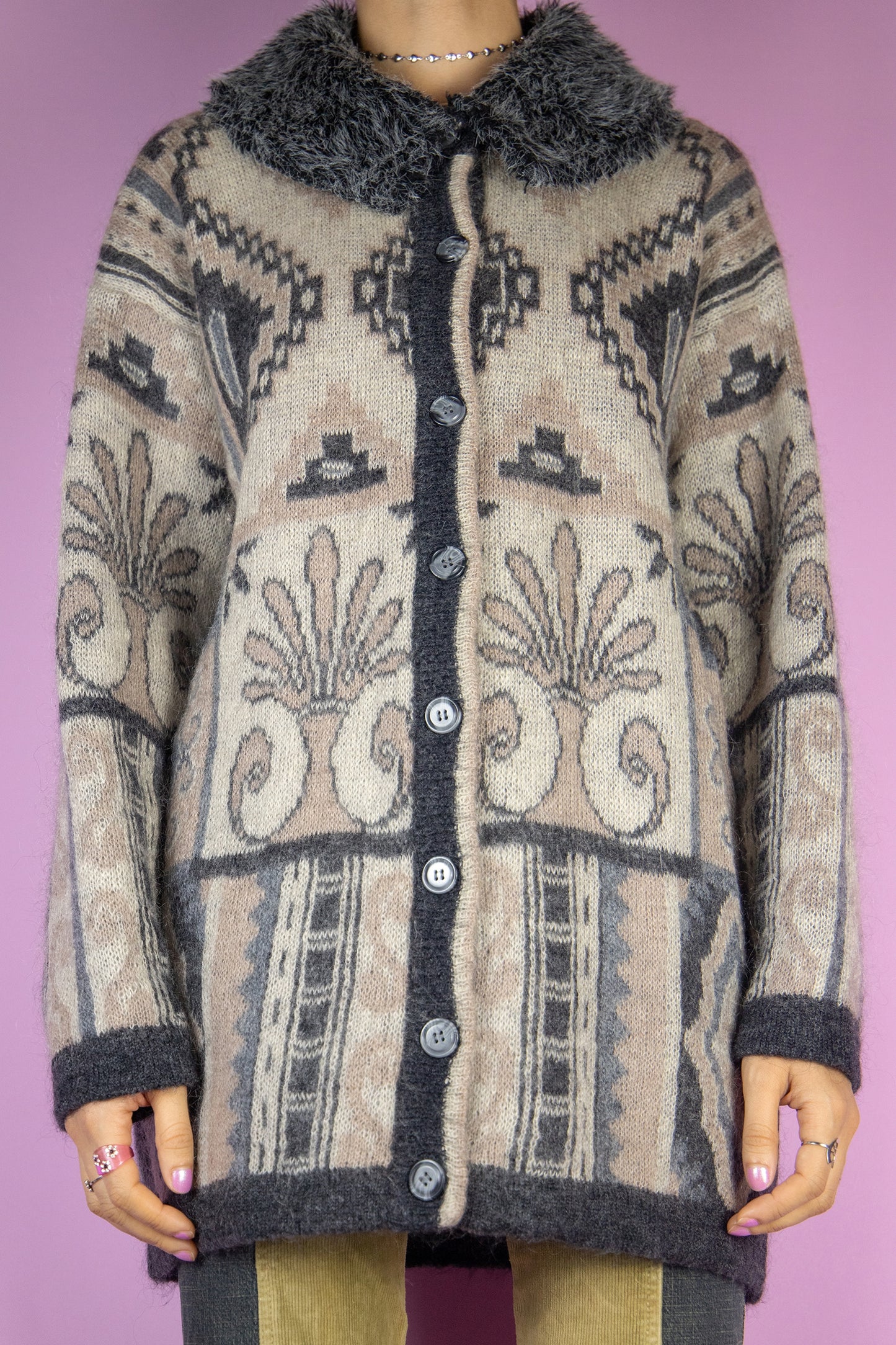 The Vintage 90s Faux Fur Cardigan is a gray and beige abstract pattern long cardigan made from a mohair blend with buttons and a faux fur collar. Looks cute when worn oversized. Lovely boho retro 1990s oversized sweater.