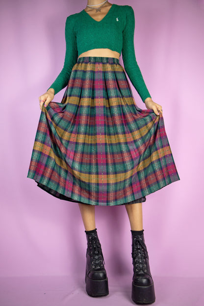 Vintage 90s Plaid Pleated Midi Skirt - L