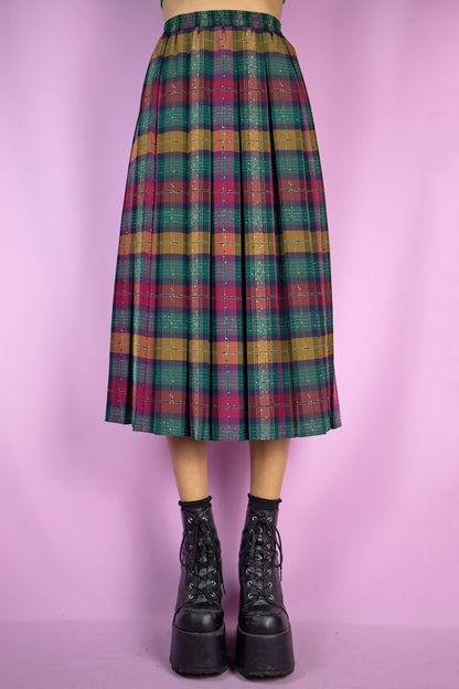 Vintage 90s Plaid Pleated Midi Skirt - L