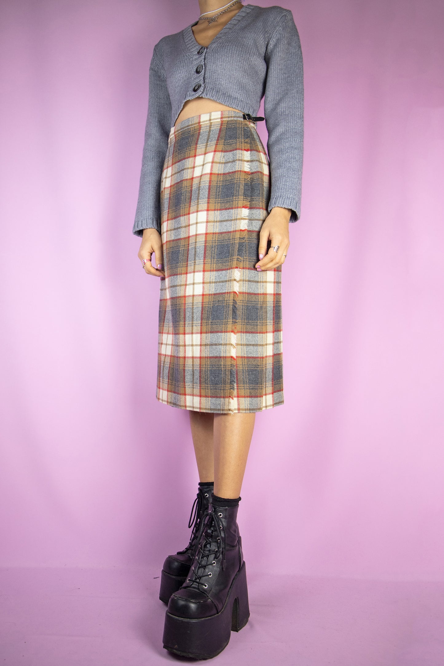 Vintage 90s Wool Plaid Pleated Skirt - L