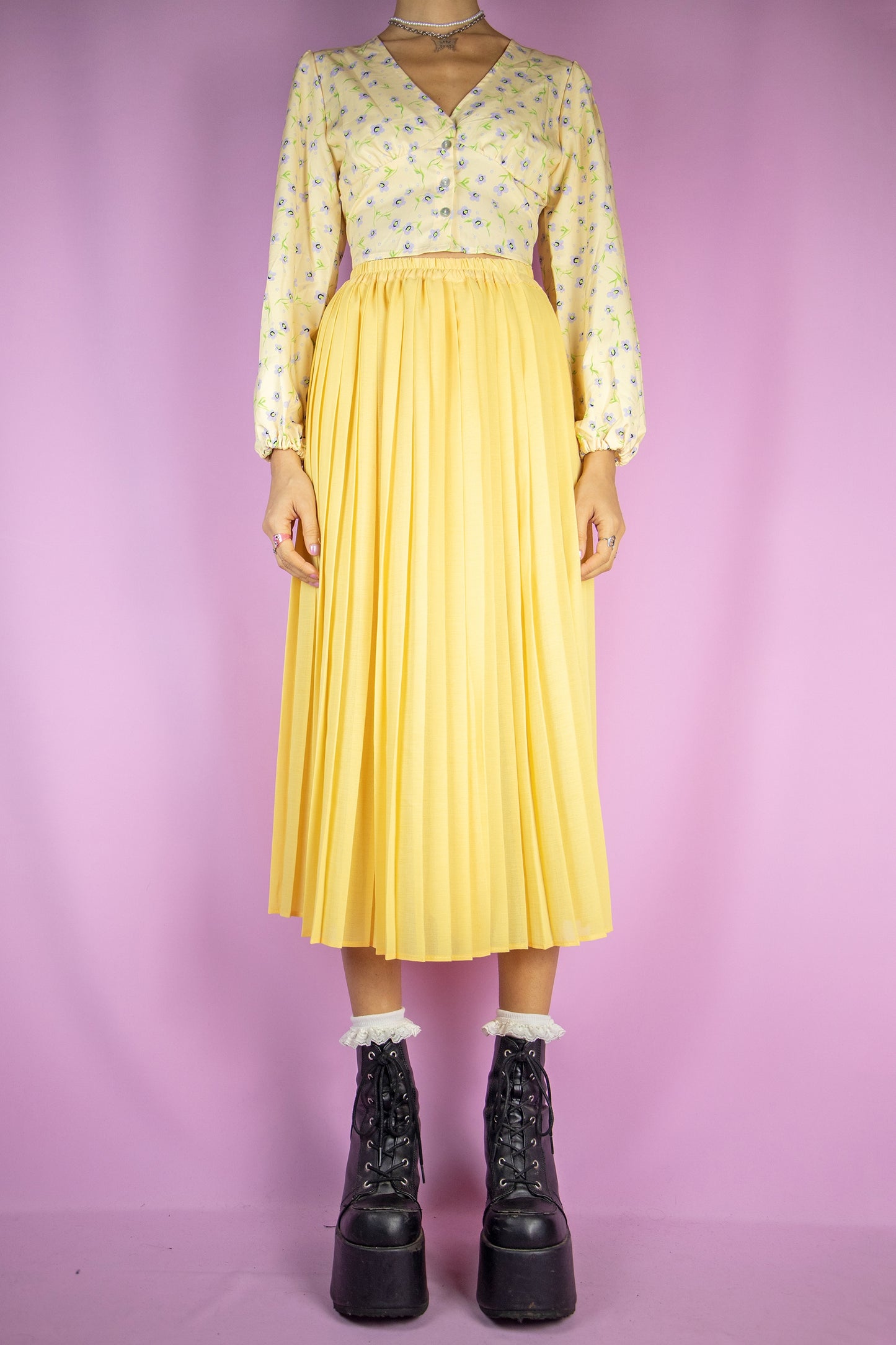 Vintage 90's Yellow Pleated Midi Skirt - XXS/XS
