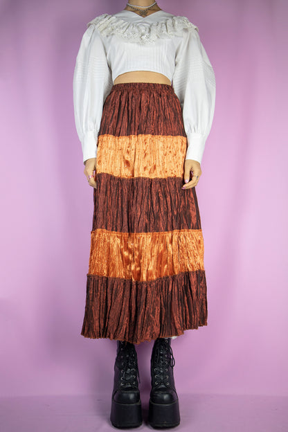 Vintage 90's Orange Brown Tiered Midi Skirt