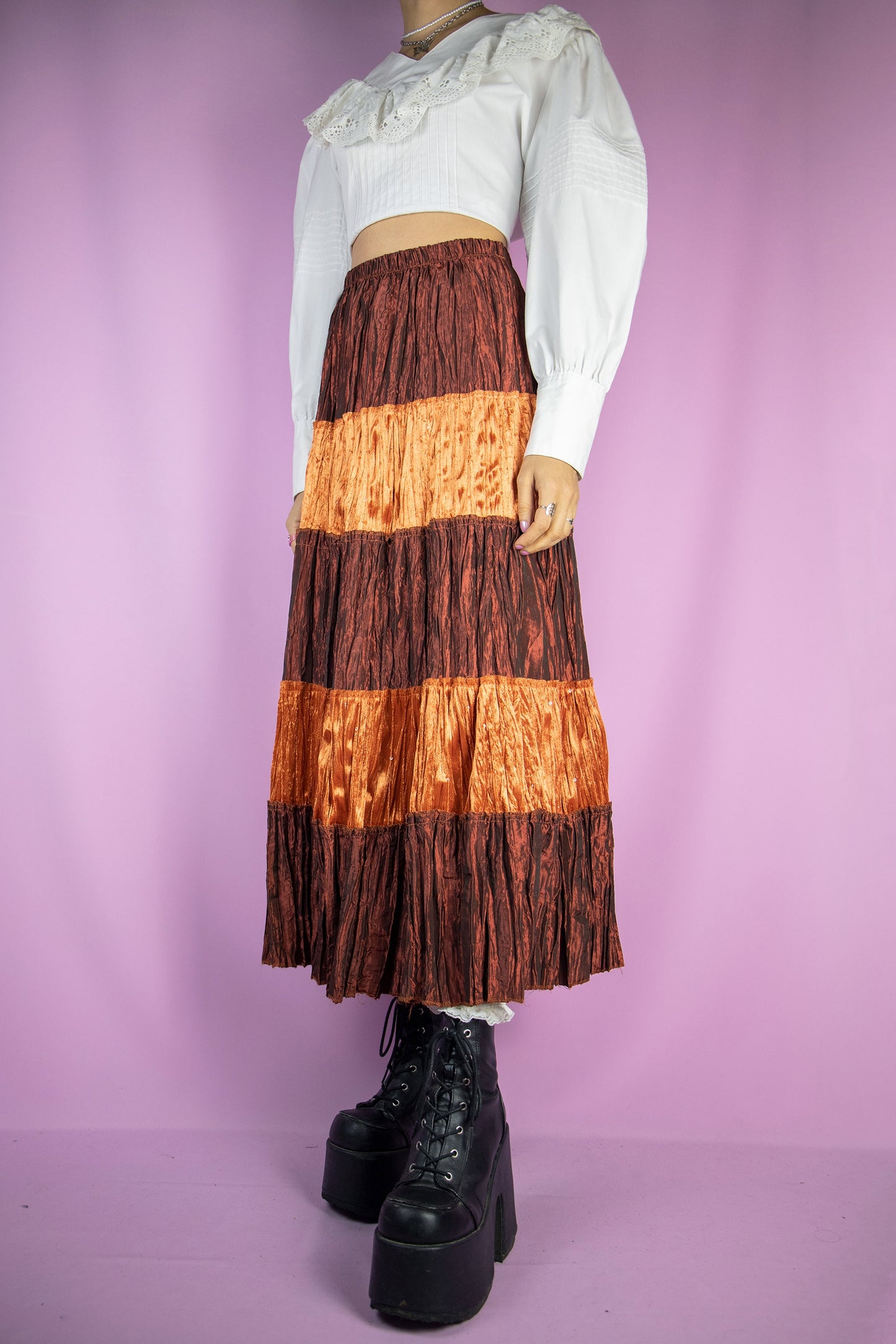 Vintage 90's Orange Brown Tiered Midi Skirt - S/M